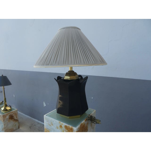 70's Brass and Black Ceramic Decorator Accent Lamp For Sale - Image 4 of 13