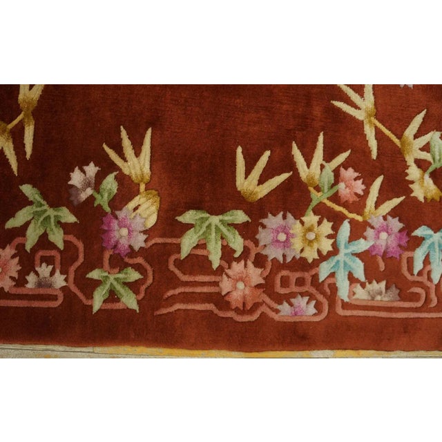 1930s Ruby Red Floral Antique Chinese Art Deco Carpet 4'4" X 6'6" Knotted Wool Rug For Sale In New York - Image 6 of 12