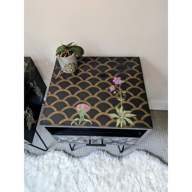Black Moody Botanical Functional Art | Vintage Nightstand Pair | Hand-Decorated | Resin Top | Hairpin Legs For Sale - Image 8 of 11