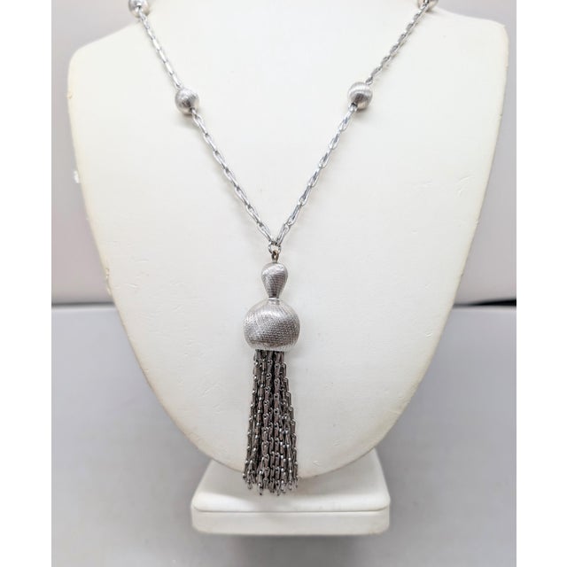 1960s Vintage 1960s Signed Monet Rhodium Plated Tassel Pendant Necklace For Sale - Image 5 of 8