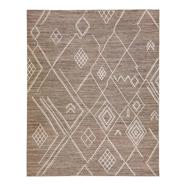 Apadana's Nantucket Collection Flatweave Kilim Coastal Designed Brown Wool Rug For Sale