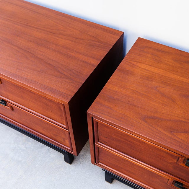 1960s Restored American of Martinsville Walnut & Brass Two Drawer Commodes / Nightstands For Sale - Image 9 of 15