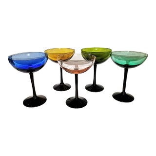 1970s Colorful Champagne Coupe Glasses- Set of 5 For Sale