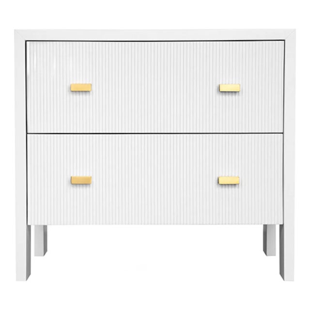 Matthew Izzo Home Andre Fluted Detail Matte White Lacquer Two Drawer Side Table With Brass Hardware For Sale