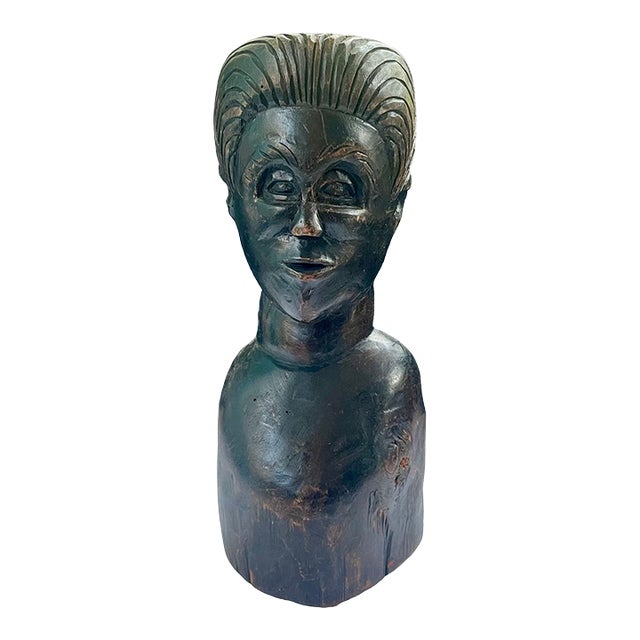 Vintage Hand-Carved Wooden Bust Sculpture Signed Roy • Fine Arts Decor For Sale