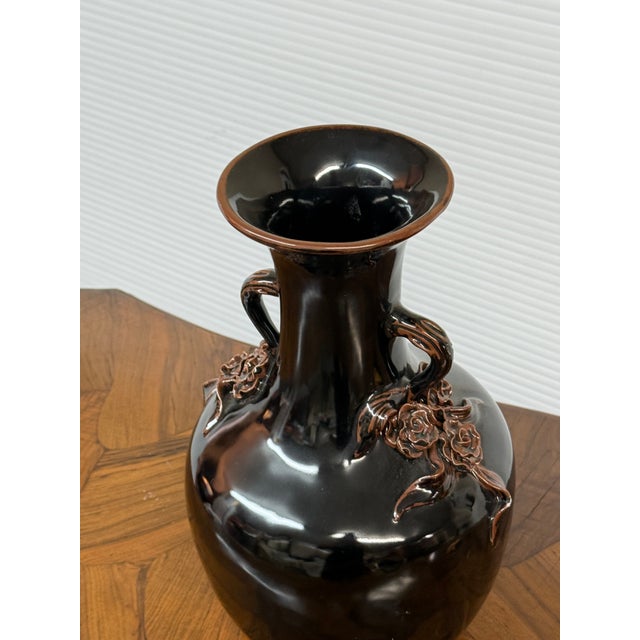 Antique Replica Chinese Dark Glaze Twin-Handle Floral Pottery Vase For Sale - Image 4 of 12