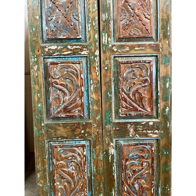 Mid-Century Modern Spanish Carved Double Doors in Colorful Hues | Rustic Modern Statement Door 80x38.5 For Sale - Image 3 of 5