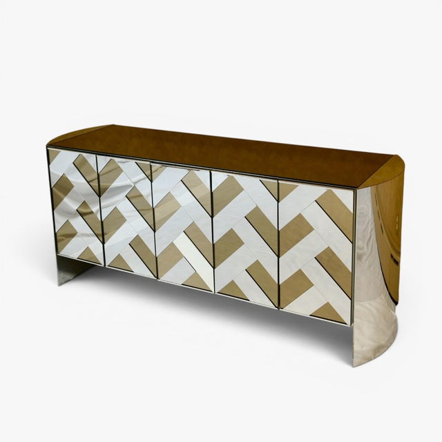 Ello Mirrored Chevron Herringbone Credenza Attributed to Ello , Circa 1970's For Sale - Image 4 of 15