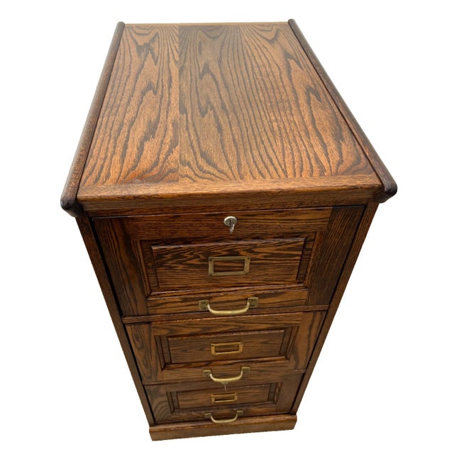 Vintage Tiger Oak File Cabinet Three Locking Drawers Paneled Sides Legal Size For Sale - Image 4 of 11