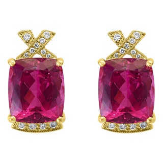 19 Carat Natural Pink Tourmaline and Diamond Cocktail Earring, 14 Karat Gold For Sale