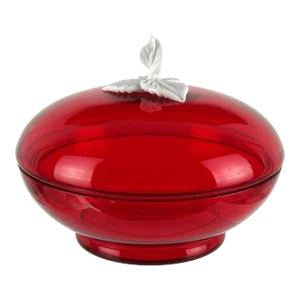 Venetian Murano Vintage Ruby Red White Leafs Top Decoration Italian Art Glass Candy Bowl Covered Jar