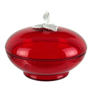 Vintage Venetian Murano Ruby Red White Leafs Top Decoration Italian Art Glass Candy Bowl Covered Jar For Sale