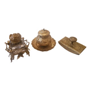 Antique Victorian Brass Inkwell Set of 3 Pieces For Sale