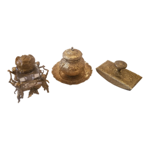 Antique Victorian Brass Inkwell Set of 3 Pieces