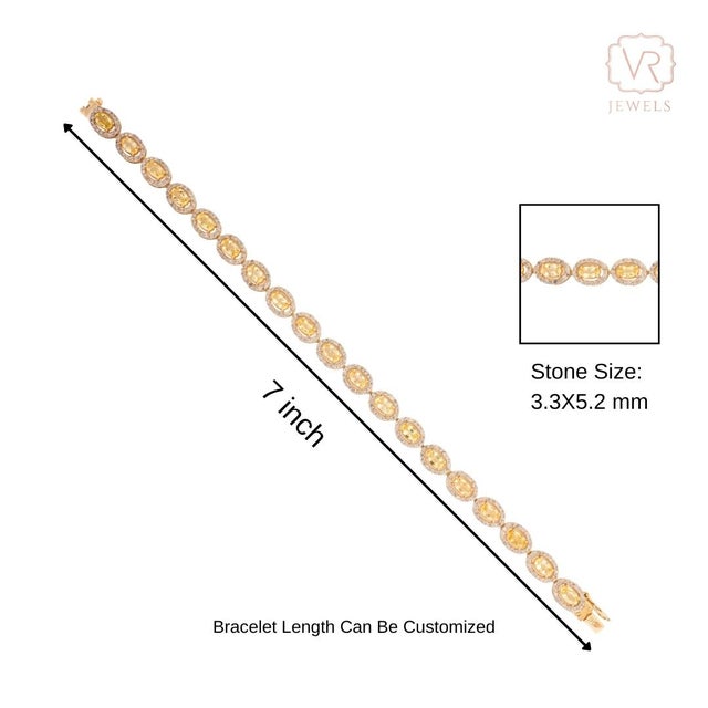 Luxury 5.76 Ct Yellow Sapphire & Diamond Halo Tennis Bracelet in 14k Yellow Gold For Sale - Image 9 of 13