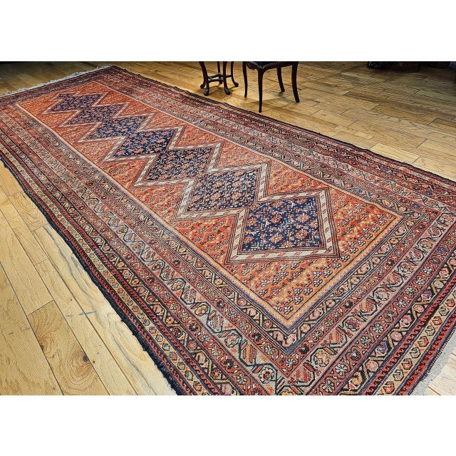 French Country Vintage Persian Malayer Gallery Rug, Hand-Knotted Wool, Geometric Pattern, 7x17, Brick Red & Blue For Sale - Image 3 of 15