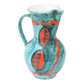 Vintage Abstract Ceramic Pitcher With Handle Turquoise, Teal Turquoise, Orange, White, Italy For Sale