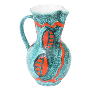 Vintage Italian Abstract Ceramic Pitcher With Handle Turquoise, Teal Turquoise, Orange, White