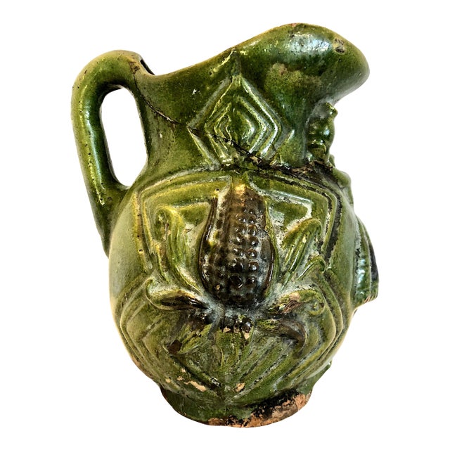 Vintage Oaxacan Glazed Pottery Pitcher With Maize and a Woman For Sale