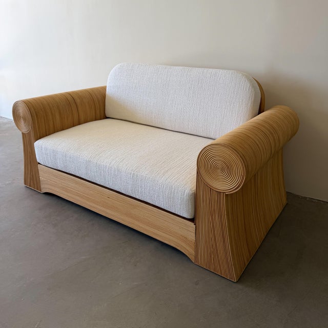 Wood Vintage 1970s Pencil Reed Loveseat, Bouclé Upholstered Bamboo Settee, Coastal Boho Rattan Sofa For Sale - Image 7 of 15
