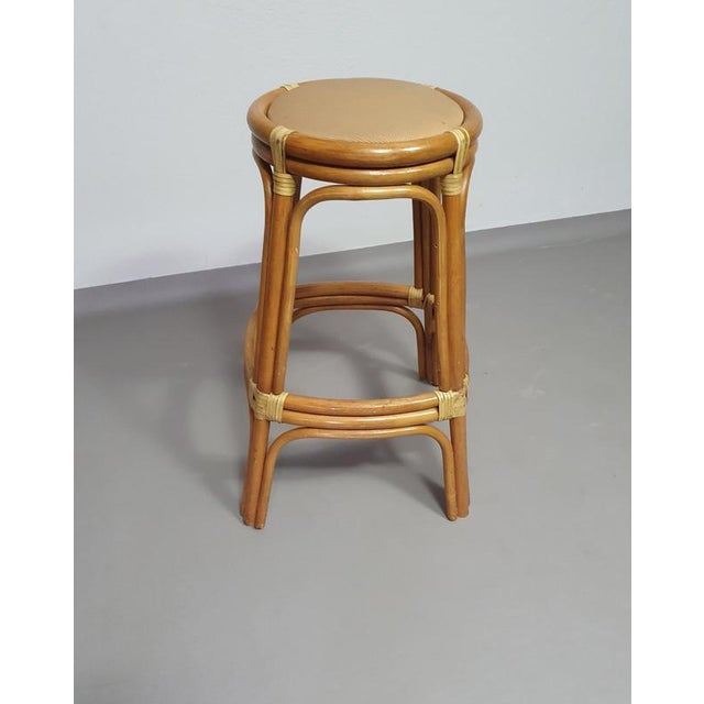 Bamboo Stools with Leather Seats, 1970s, Set of 3 For Sale - Image 6 of 15
