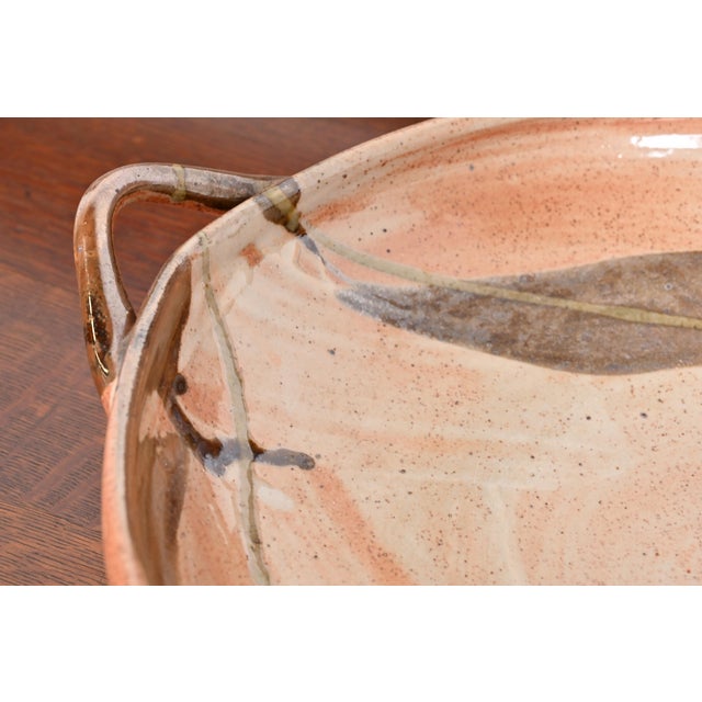 Large Painted Glazed Ceramic Studio Pottery Bowl With Handles From