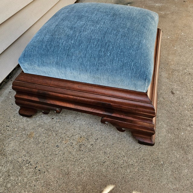 Mid 19th Century Flame Mahogany Empire Footstool Coastal Blue Velvet For Sale - Image 4 of 10