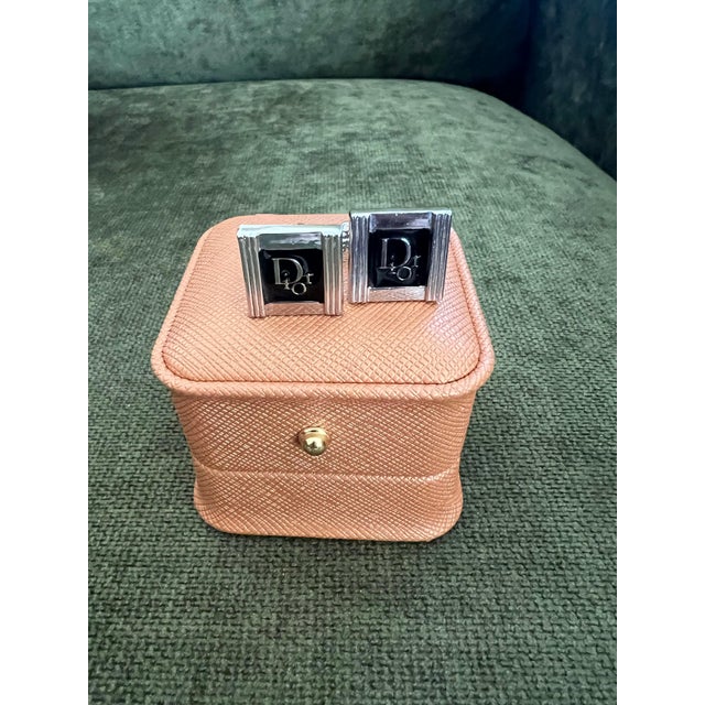 Vintage Christian Dior Silver Plated Logo Cufflinks Circa 1970 In Bochic Case For Sale - Image 4 of 10