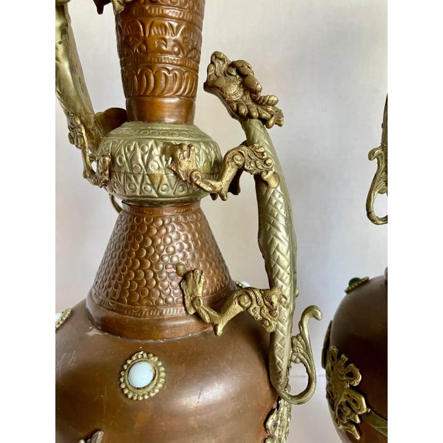 Late 19th Century Pair of Antique Asian Tibetan Copper Brass Dragon Vases For Sale - Image 5 of 12