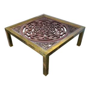 Mid-Century Modern James Mont Asian Style Brass and Carved Wood Coffee Table