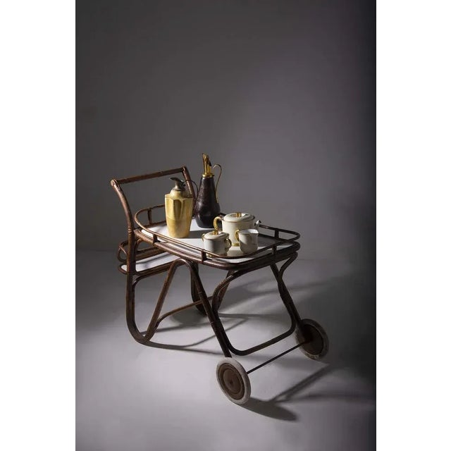 Vintage Italian in Bamboo and Formica Bar Cart, 1950s, in Good conditions. Designed 1950 to 1959
