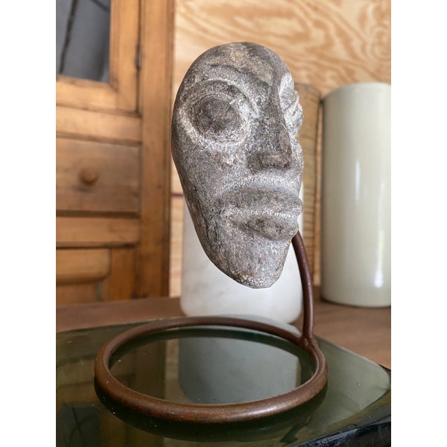 Surrealist Carved Stone Face Sculpture Steel Base Tribal Style Raw Wood Pedestal For Sale - Image 14 of 17
