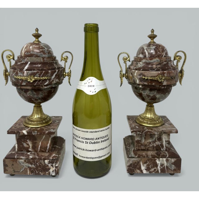 Stone Pair French Regency Style Rosso Levano Marble Gilt Bronze Ormolu Urns Vases 19Ct For Sale - Image 7 of 9
