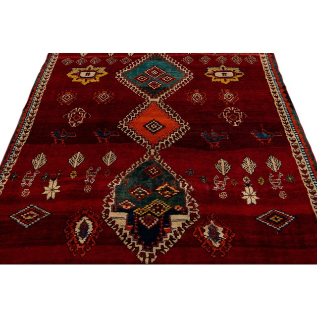 Tribal Red Vintage Shiraz Handmade Pictorial Designed Wool Rug For Sale - Image 3 of 10
