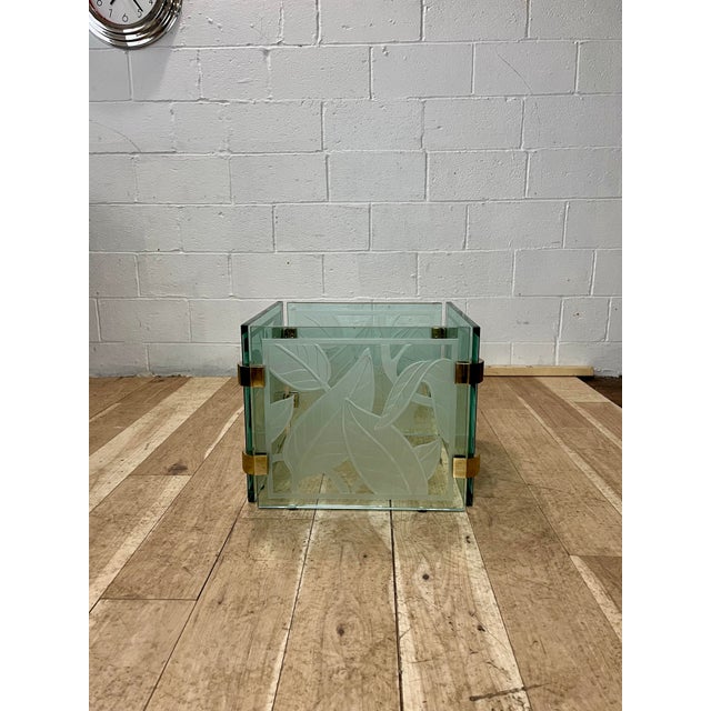 Transparent 1970's Postmodern Etched Glass & Brass Coffee Table, Sculptural Botanical Base For Sale - Image 8 of 9