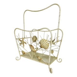 1970s Coastal Metal Magazine Rack With Sea Shells For Sale