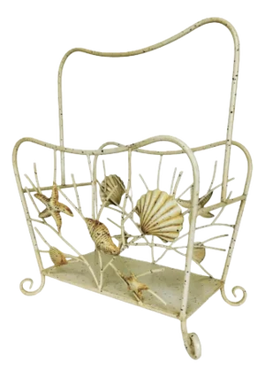1970s Coastal Metal Magazine Rack With Sea Shells
