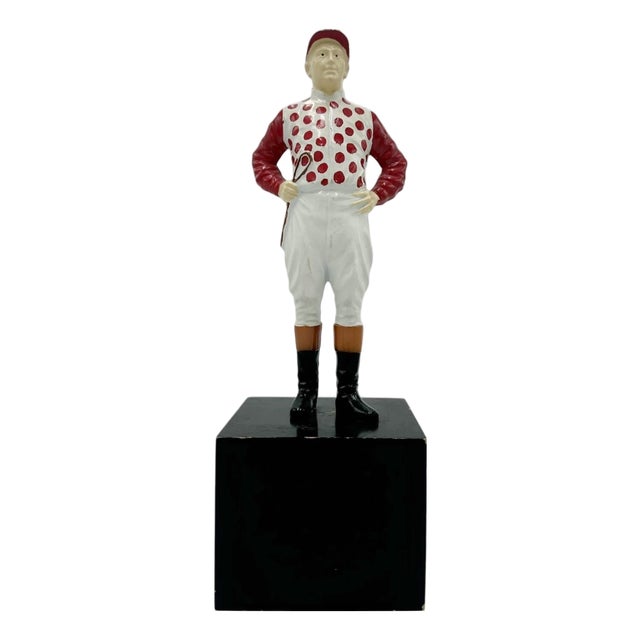 Vintage Red Polka Dot Equestrian Jockey Bookend Statue 13"h For Sale