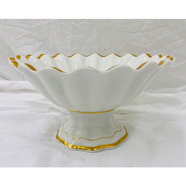 Stunning Antique White Porcelain Raised Dish on Pedestal with Scalloped edges and Gold Trim Detail. Sure to add interest...