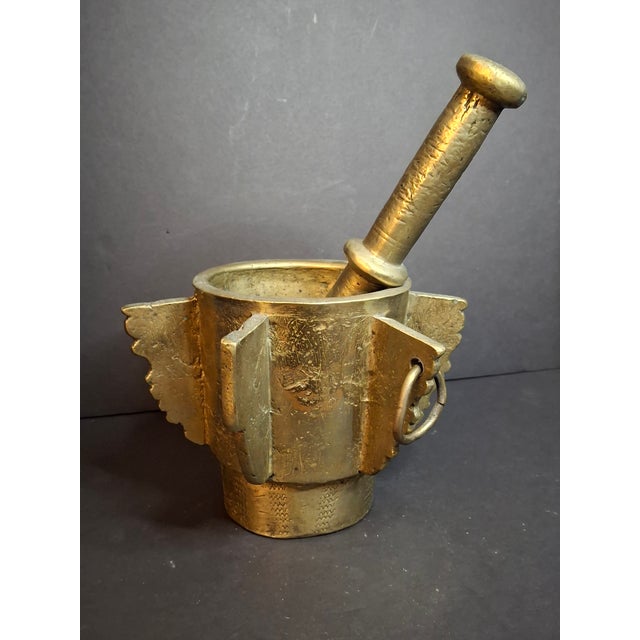 Museum Antique Heavy 18lb Bronze Mortar and Pestle Ribbed Fins Suspension Ring Judaica Sourced J Greenstein For Sale - Image 15 of 18