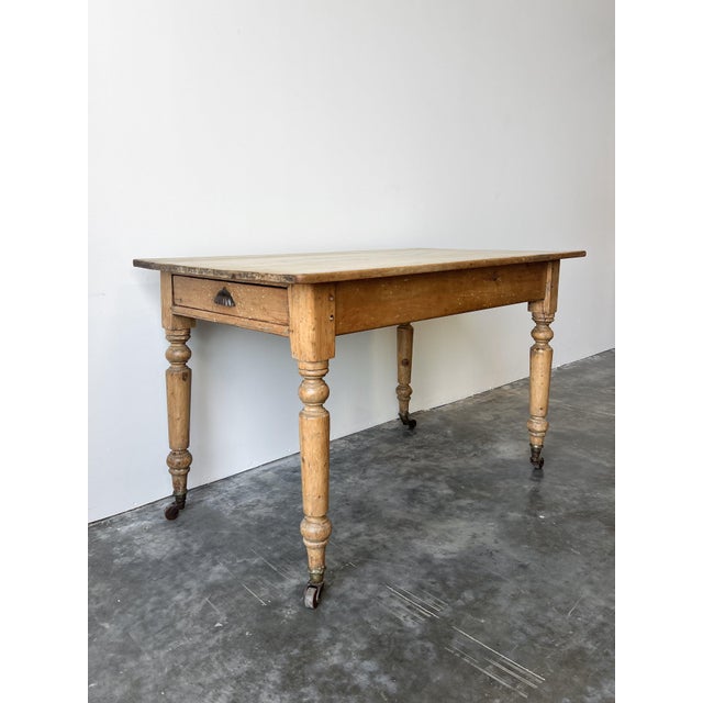 Antique Pine Farmhouse Table on Casters For Sale In Portland, OR - Image 6 of 12