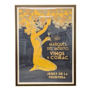 Large Vintage Marqués Del Mérito Spanish Wine Advertising Poster For Sale