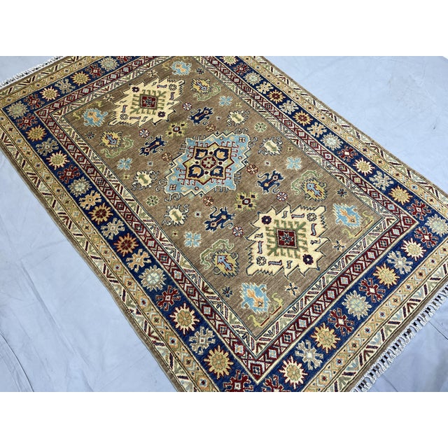 Art Deco Brown and Navy Kazak Style Tribal Area Rug With Medallions, 5' X 7'7" For Sale - Image 3 of 15