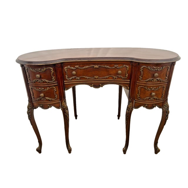 French Vintage French Desk Kidney Shaped Vanity Four Carved Drawers Petite Size For Sale - Image 3 of 12