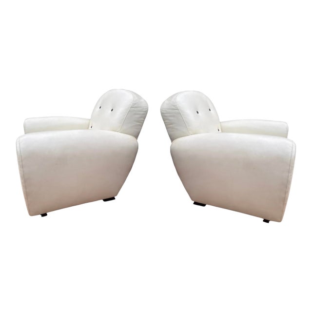 Pair of Vintage White Leather Ralph Lauren Club Chairs For Sale