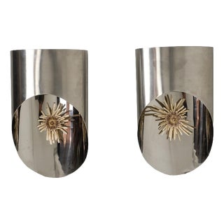 Large Polished Metal Wall Sconces, 1970s, Set of 2 For Sale
