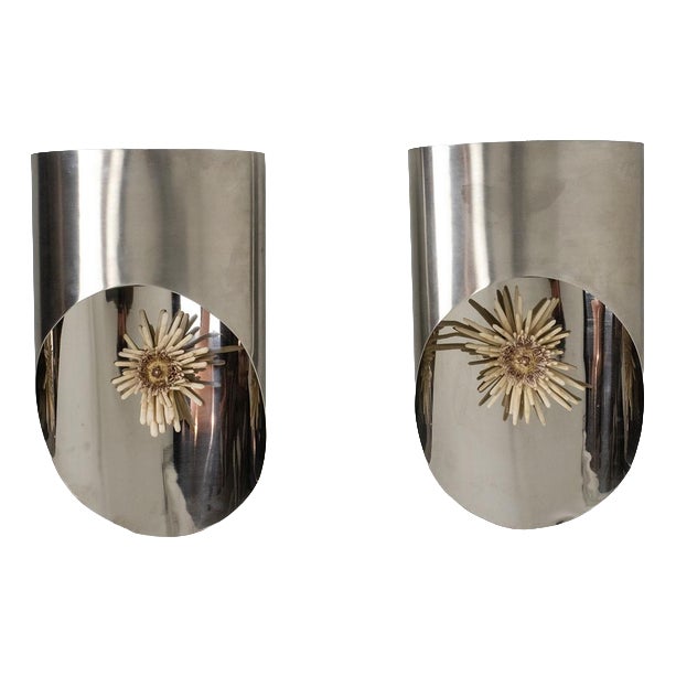 Large Polished Metal Wall Sconces, 1970s, Set of 2 For Sale