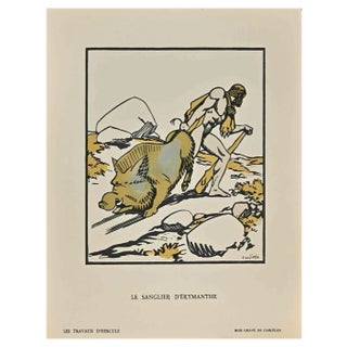 Carlège, Le Sanglier d'Erymanthe, Original Woodcut Print, Early 20th Century For Sale