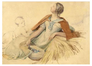 Joshua Cristall Pows, Mother & Child by Haystack, Early 19th Century, Watercolour