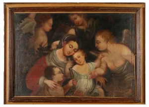 Venetian School Artist, Mary, Jesus, St. John and Angels, 17th Century, Oil on Canvas, Framed